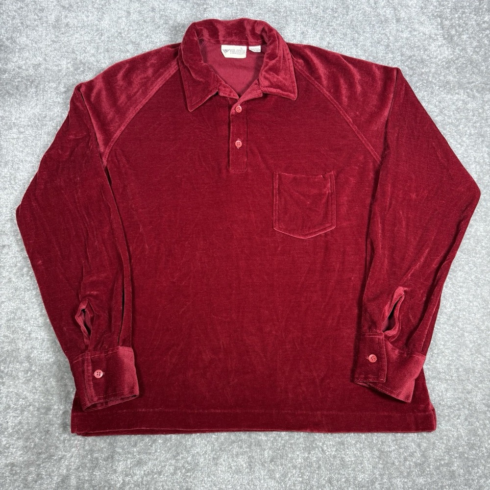 VTG Velation by Harper Polo Shirt Men's Large Red Velour Long Sleeve Rockabilly